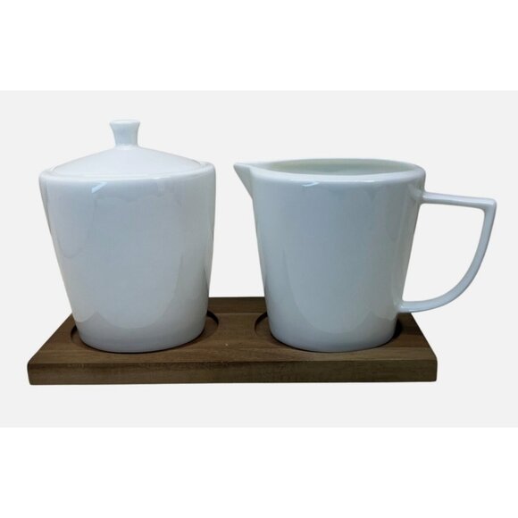 Ciroa Simplus White Creamer Sugar Bowl with Lid Wood Wooden Tray - Picture 1 of 9